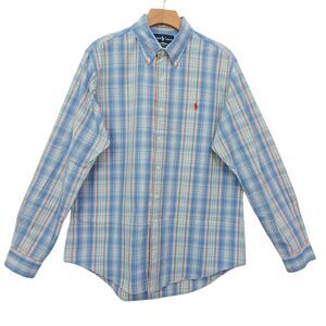 Polo Ralph Lauren Shirt Mens Large Blue Custom Fit Plaid Long Sleeve Cotton